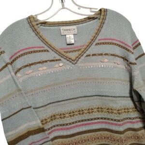 Tribeca Studio Women Striped V Neck Sweater Light Blue Sequins Wool Blend Size L